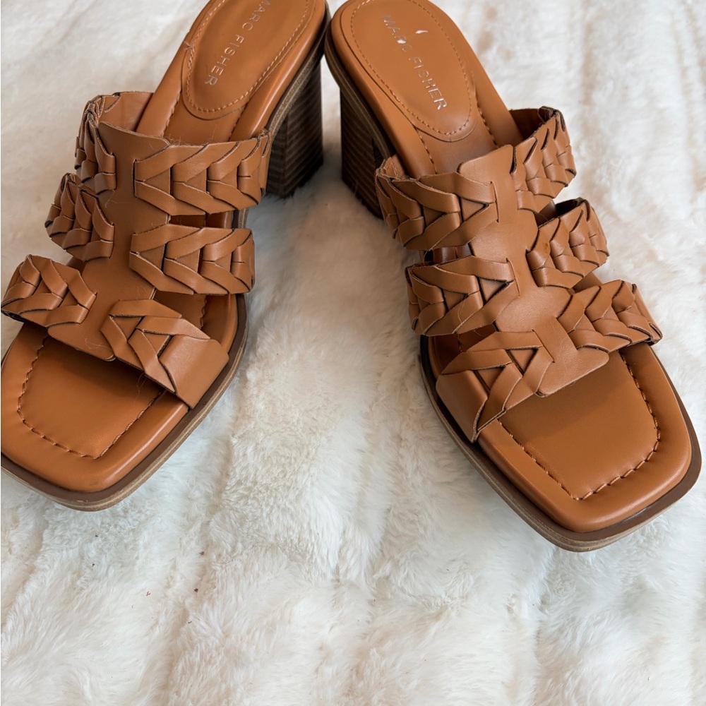 MARC FISHER Tan Braided Leather Block Heel Sandals